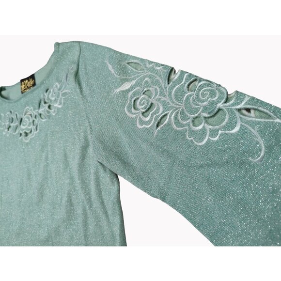 Vtg Bob Mackie QVC Womens Small 3/4 Sleeve Floral Cutout Mint Green Top - Picture 3 of 8